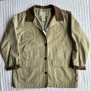 L.L. Bean Barn Jacket Women’s LP Dark Khaki Corduroy Trim Flannel Lined EUC